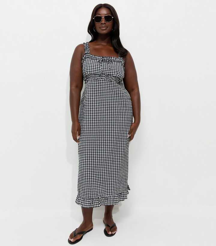 Curves Black Frilly Gingham Midi Dress