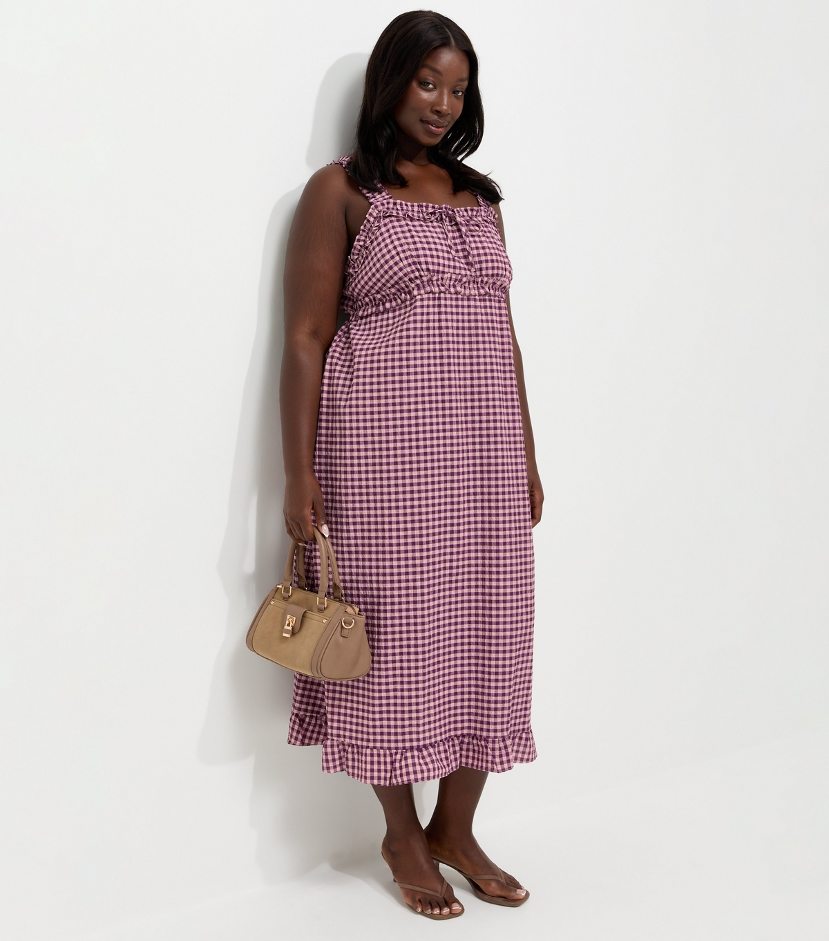 Women's Plus Size Pink Frilly Gingham Midi Dress Curves New Look
