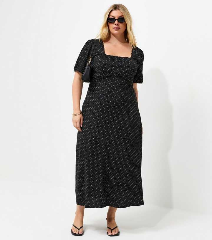 Curves Black Spotty Square Neck Midi Dress