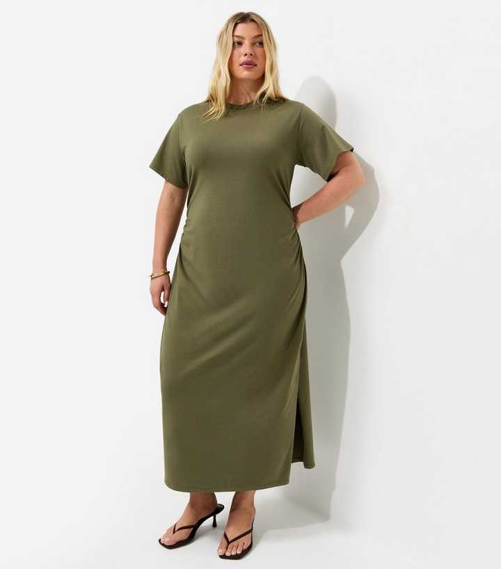 Curves Dark Khaki Cotton Rich Ruched T-Shirt Midi Dress