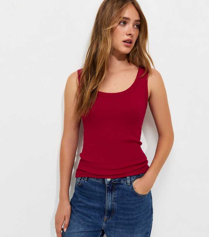 Bright Red Cotton Rich Ribbed Scoop Neck Vest Top