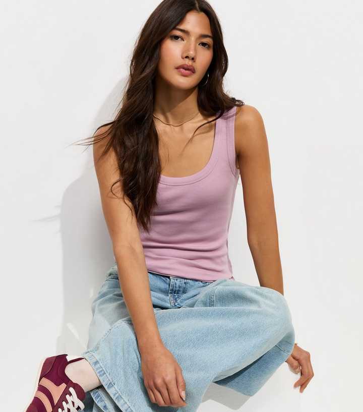 Pink Cotton Rich Ribbed Scoop Neck Vest Top