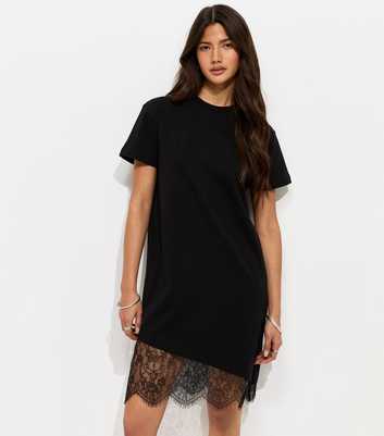 Black Cotton Asymmetric Lace Hem Mini Dress