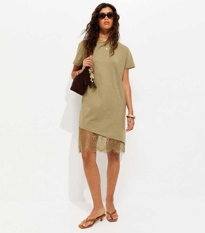 Dark Khaki Cotton Asymmetric Lace Hem Mini Dress
