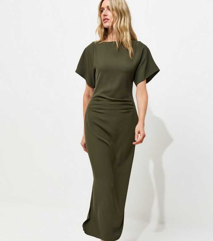 Tall Dark Khaki Slash Neck Ruched Side Midi Dress