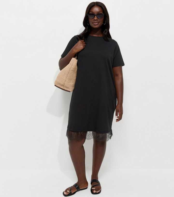 Curves Black Cotton Rich Lace Trim T Shirt Mini Dress