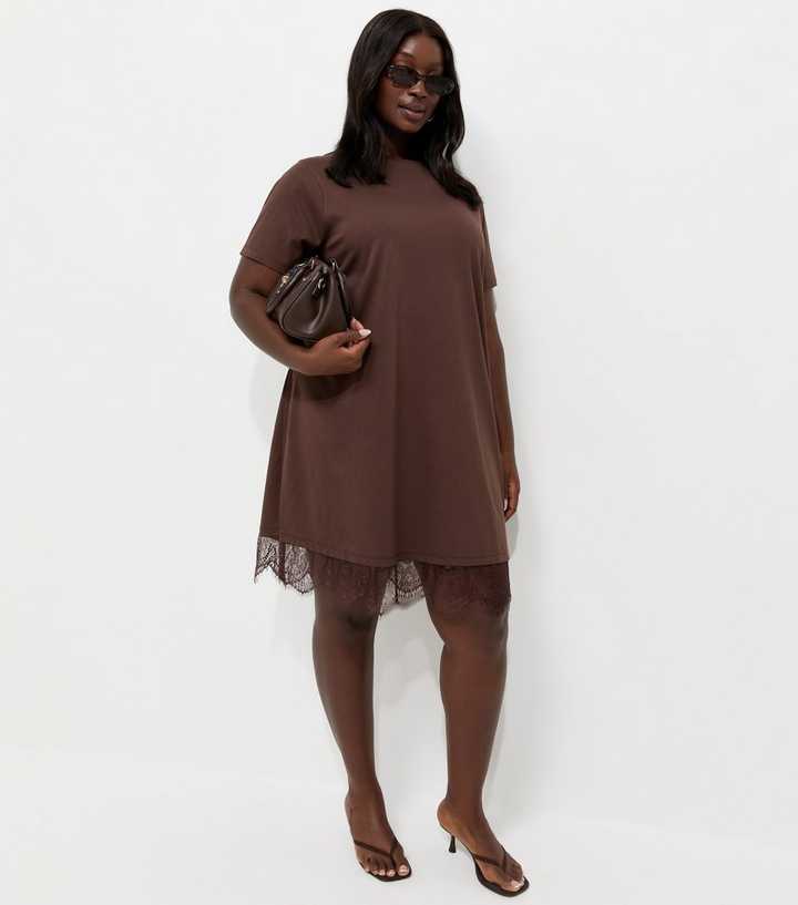 Curves Brown Cotton Rich Lace Trim T Shirt Mini Dress