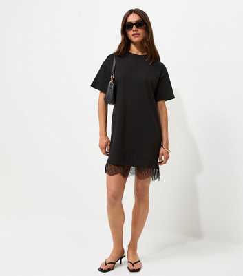 Petite Black Cotton Lace Trim T Shirt Mini Dress