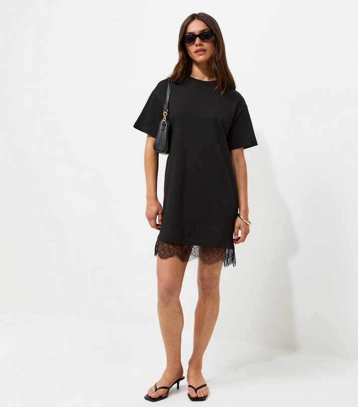 Petite Black Cotton Lace Trim T Shirt Mini Dress