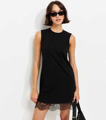 Black Cotton Sleeveless Lace Hem Mini T-Shirt Dress