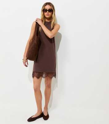 Dark Brown Cotton Sleeveless Lace Hem Mini T-Shirt Dress