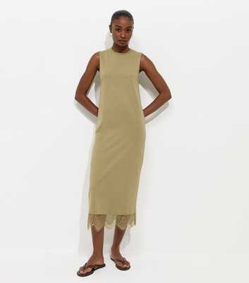 Dark Khaki Cotton Sleeveless Lace Hem T-Shirt Midi Dress