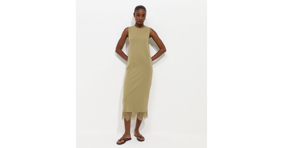 Dark Khaki Cotton Sleeveless Lace Hem T-Shirt Midi Dress