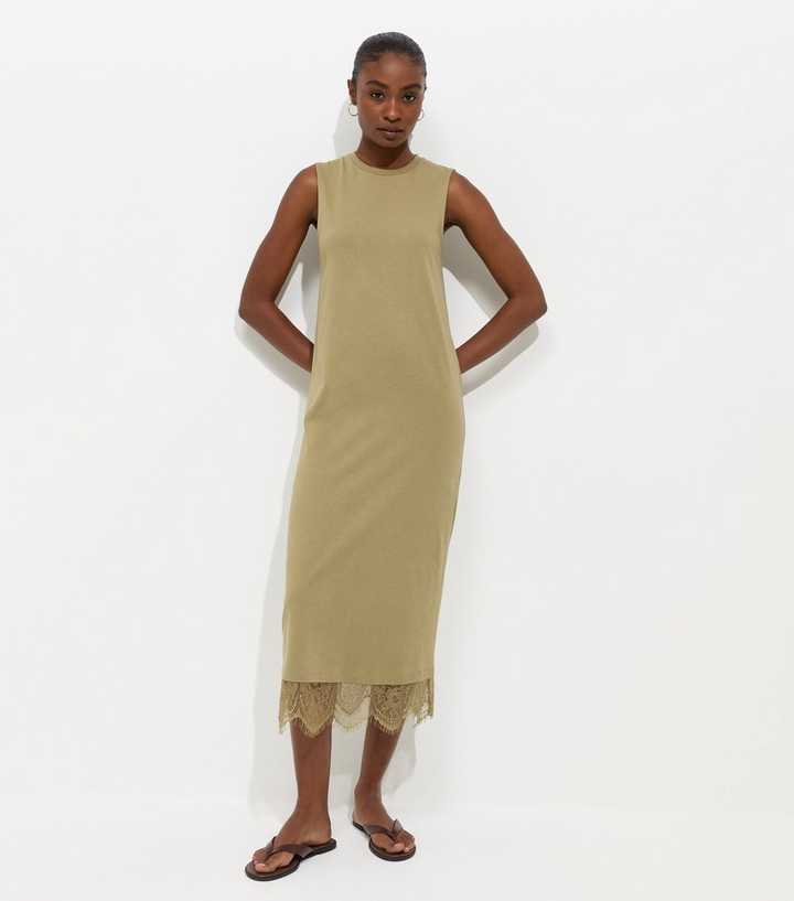 Dark Khaki Cotton Sleeveless Lace Hem T-Shirt Midi Dress