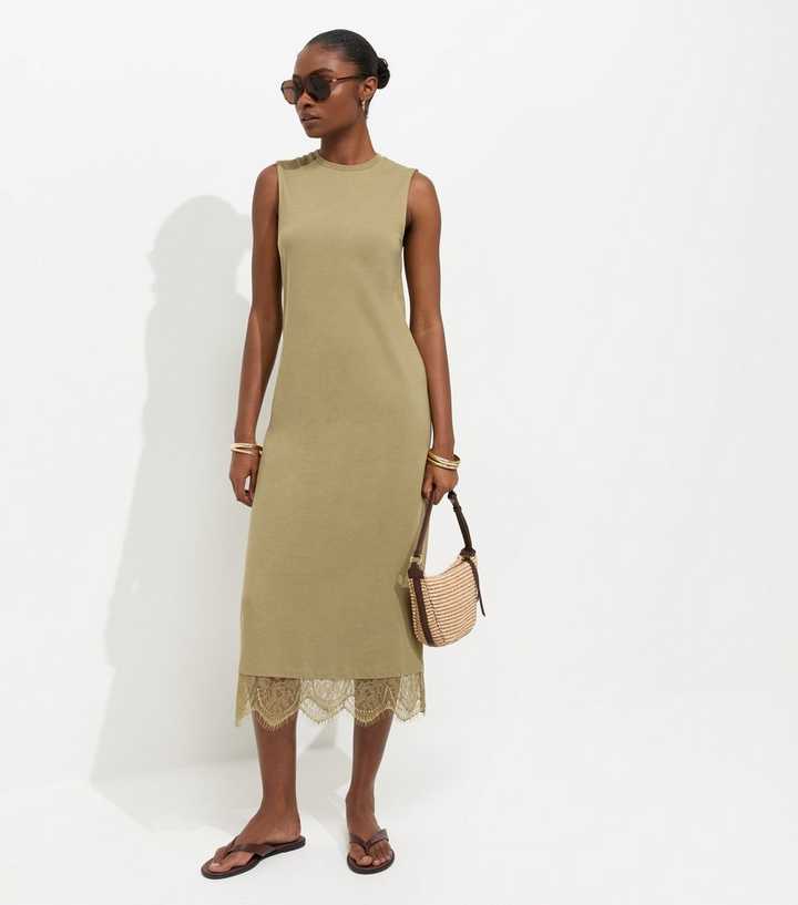 Dark Khaki Cotton Sleeveless Lace Hem T-Shirt Midi Dress | New Look