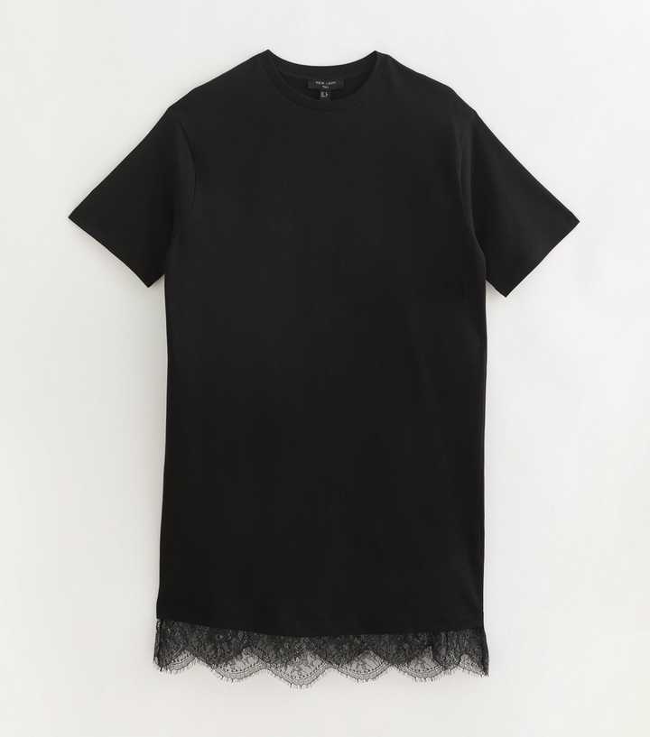 Tall Black Cotton Lace Trim T Shirt Dress