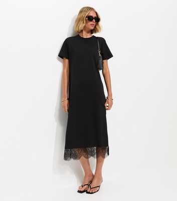 Black Lace Hem T-Shirt Midi Dress