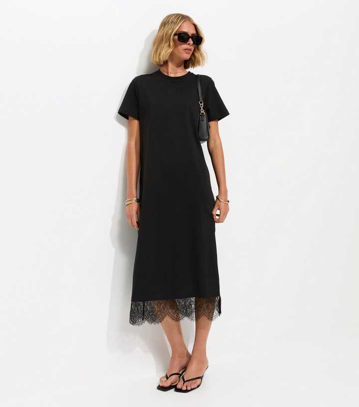 Black Lace Hem T-Shirt Midi Dress