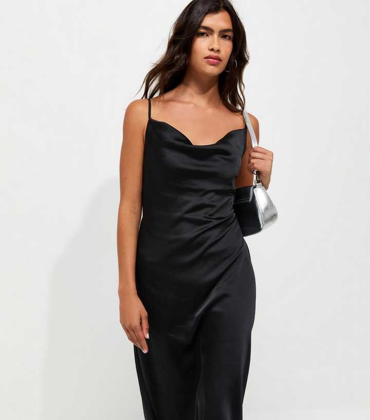Dark Brown Satin Cowl Neck Strappy Midi Dress