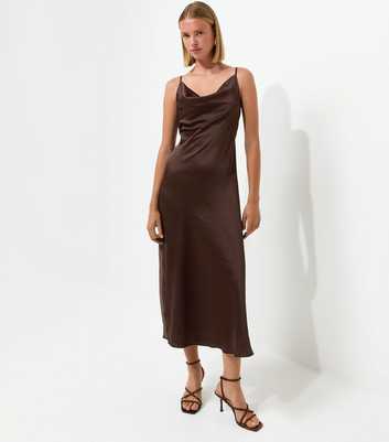 Dark Brown Satin Cowl Neck Strappy Midi Dress