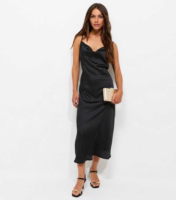 Petite Black Satin Cowl Neck Strappy Midi Dress