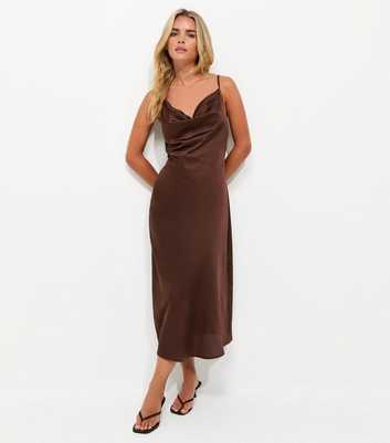 Petite Dark Brown Satin Cowl Neck Strappy Midi Dress