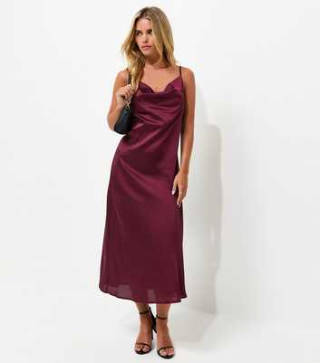 Petite Dark Burgundy Satin Cowl Neck Strappy Midi Dress