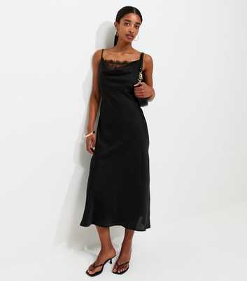 Black Satin Lace Cowl Neck Strappy Midi Dress