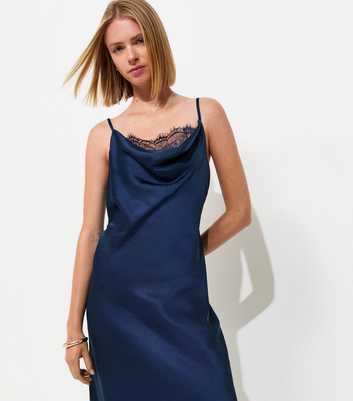 Navy Satin Lace Cowl Neck Strappy Midi Dress
