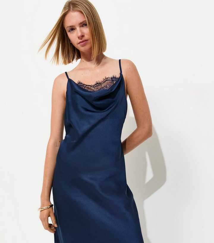 Navy Satin Lace Cowl Neck Strappy Midi Dress