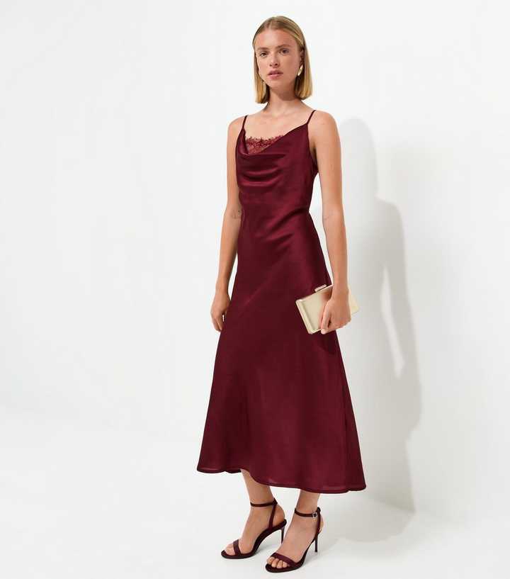 Dark Purple Satin Lace Cowl Neck Strappy Midi Dress