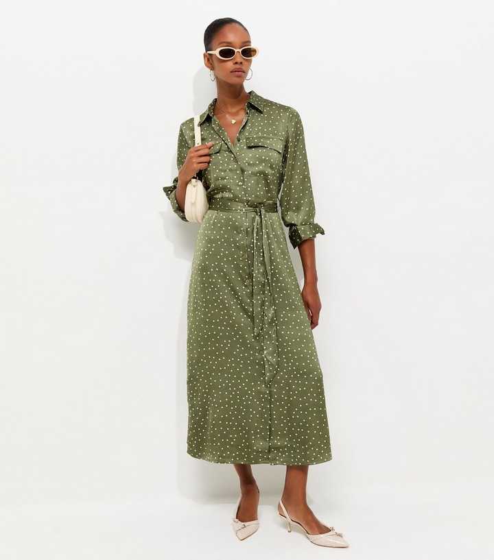 Green Satin Polka Dot Midi Shirt Dress