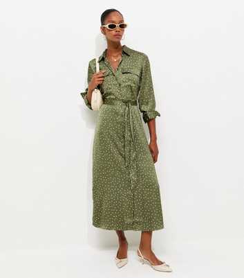 Green Satin Polka Dot Midi Shirt Dress