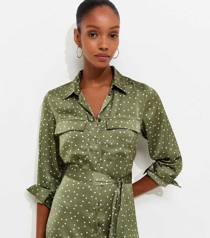 green polka dot shirt dress Satin Midi Womens clothing