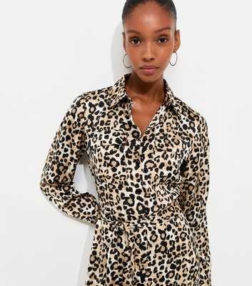 Brown Leopard Print Satin Midi Shirt Dress