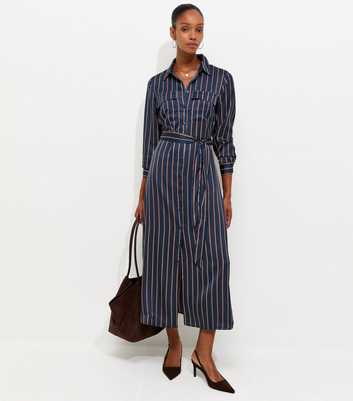 Blue Satin Striped Midi Shirt Dress