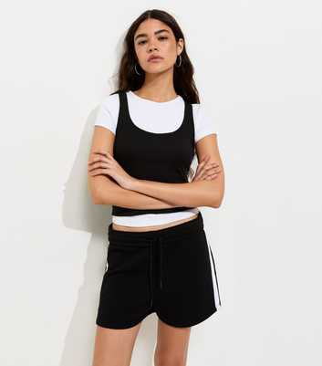 Black Cotton Rich Fold Over Waistband Side Stripe Shorts