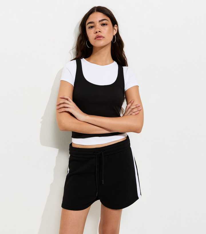 Black Cotton Rich Fold Over Waistband Side Stripe Shorts