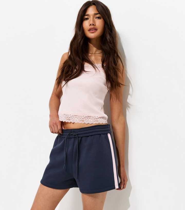 Blue Cotton Rich Fold Over Waistband Side Stripe Shorts