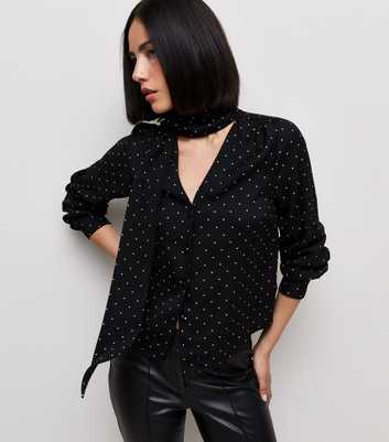 Black Woven Spot Print Pussybow Blouse