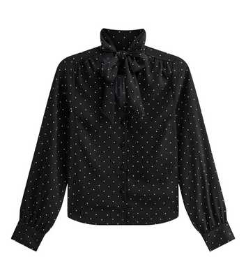 Black Woven Spot Print Pussybow Blouse