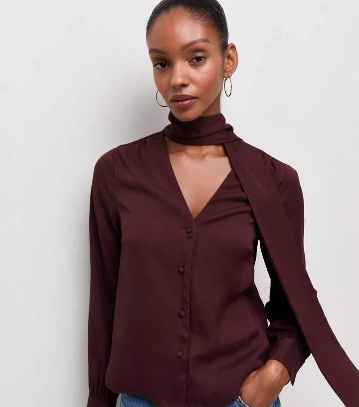 Dark Burgundy Woven Pussybow Blouse