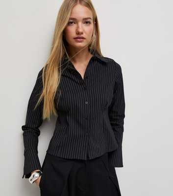Black Pinstripe Fitted Long Sleeve Shirt