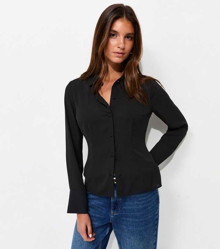 Black Fitted Waist Long Sleeve Shirt
