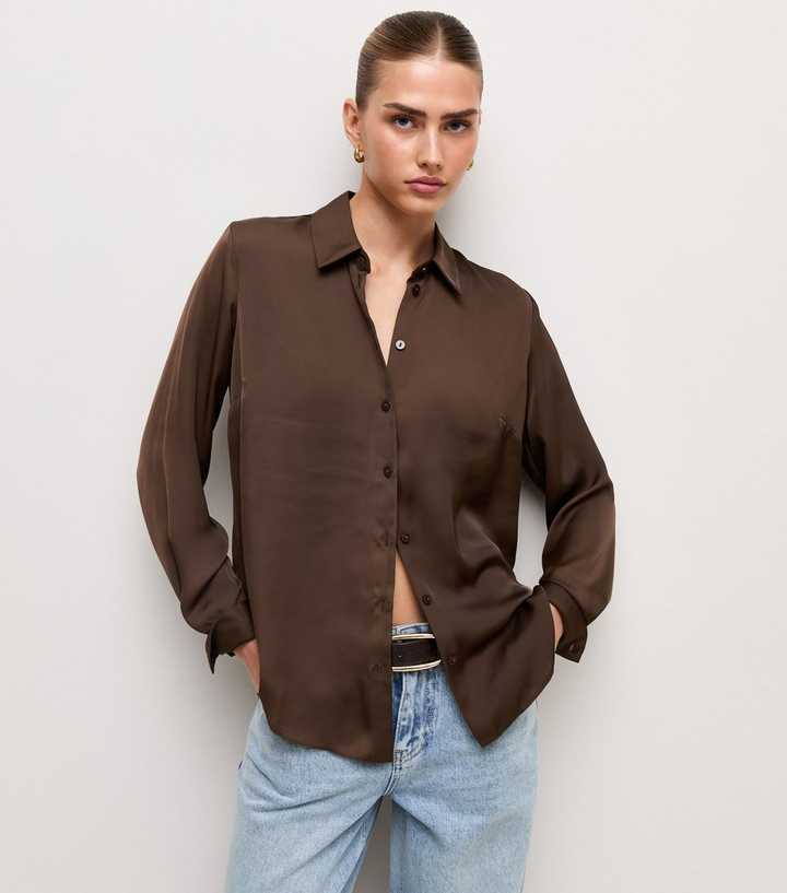 Dark Brown Satin Long Sleeve Shirt