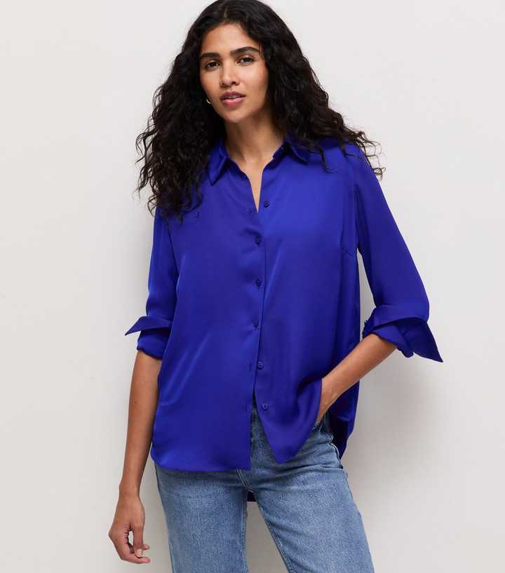 Bright Blue Satin Long Sleeve Shirt