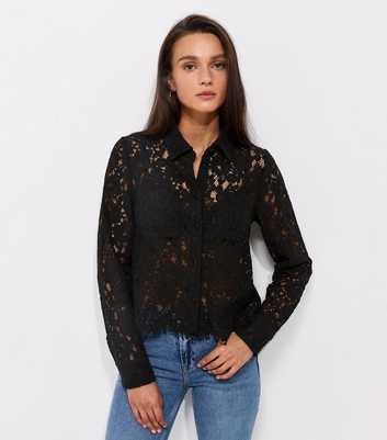 Black Semi Sheer Pocket Detail Lace Shirt