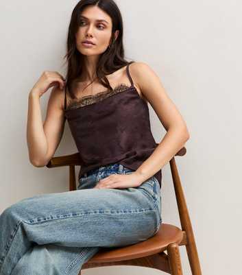Dark Brown Floral Satin Cowl Neck Cami Top
