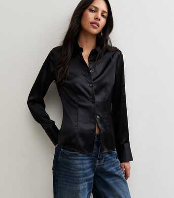 Black Fitted Waist Satin Shirt