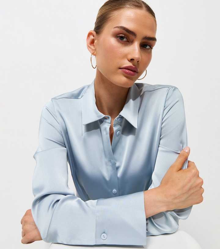 Light Blue Fitted Waist Satin Shirt